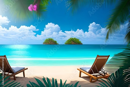 Beautiful tropical beach with white sand and two sun loungers on background of turquoise ocean and blue sky with clouds. Frame of palm leaves and flowers. Perfect landscape for relaxing vacation  © DESIGN