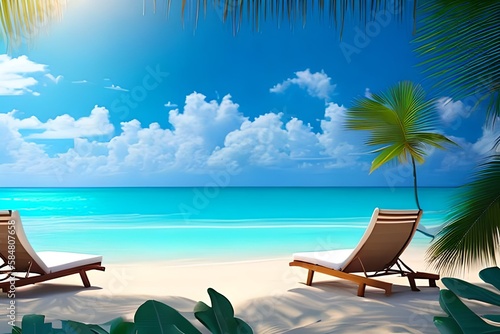 Beautiful tropical beach with white sand and two sun loungers on background of turquoise ocean and blue sky with clouds. Frame of palm leaves and flowers. Perfect landscape for relaxing vacation  © DESIGN