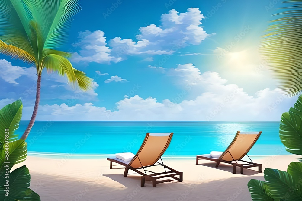 Beautiful tropical beach with white sand and two sun loungers on background of turquoise ocean and blue sky with clouds. Frame of palm leaves and flowers. Perfect landscape for relaxing vacation 