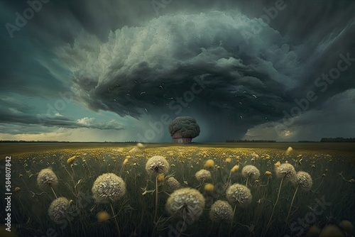 dandelion field in the setting of a cloudy sky, with storm approaching, created with generative ai photo