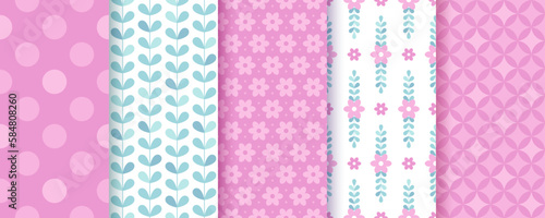 Seamless girly backgrounds. Scrapbook pattern. Trendy pastel print for scrap design. Set pink packing papers. Collection cute textures with polka dot, flowers and leaves. Color vector illustration. 