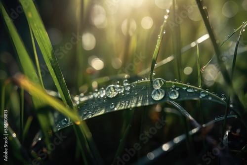 A beautiful large drop of morning dew in the grass sparkles in the rays of sunlight outdoors in nature. AI generated © yuliachupina