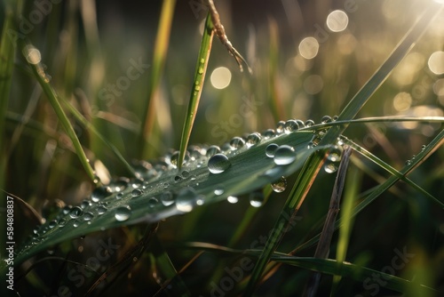 A beautiful large drop of morning dew in the grass sparkles in the rays of sunlight outdoors in nature. AI generated