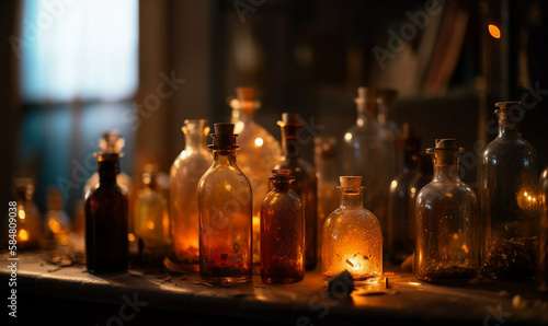 Beautiful decorated ornamental bottles in front of fireplace
