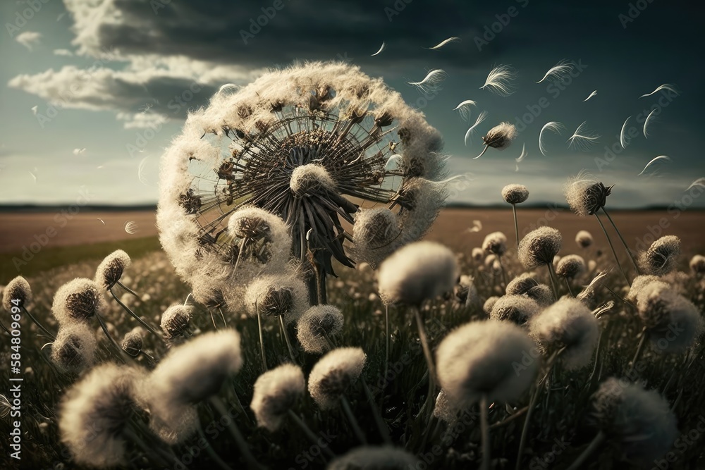 field of dandelions with seeds and windblown petals, created with ...