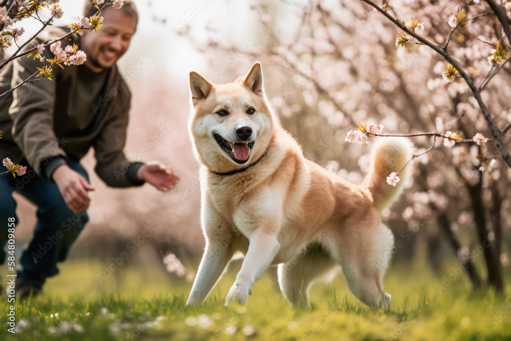 Man playing with pet dog in the park at spring time generative AI Man playing with pet dog in the park at spring time generative AI