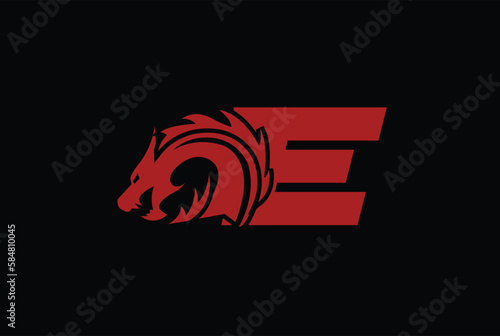 letter E logo icon with dragon design vector-red color black background