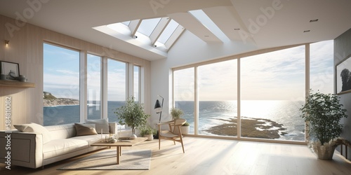 photographic rendering of a modern living room of a seaside house with a large window overlooking the ocean, very bright room with natural lighting coming from a skylight, Generative IA photo