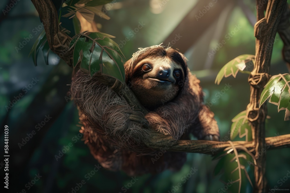 Obraz premium Sloth were hung on the branches to find plants eat. AI generated