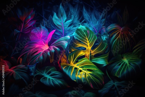 Fototapeta Naklejka Na Ścianę i Meble -  Creative fluorescent color layout made of tropical leaves. Flat lay neon colors. AI generated