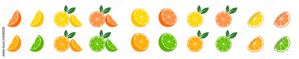 Citrus slices icon set. Lemon  Orange Lime Grapefruit slice. Vector isolated illustration.