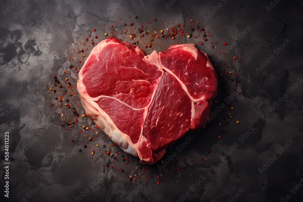 Heart shape raw fresh beef steak on metal background. AI generated