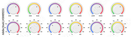 Adjustment dial. Volume level knob with round scale. Volume level handle. Vector illustration.