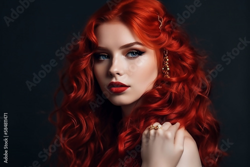 Fashion woman portrait, Long curly red hair. Holiday makeup, Smoky eyes and red lipstick , generative AI tools 