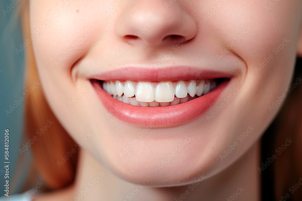 Fototapeta premium Close up woman detail healthy white teeth, beige lipstick. Generative AI