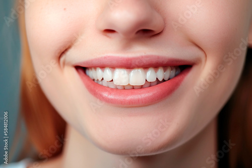  Close up woman detail healthy white teeth  beige lipstick. Generative AI