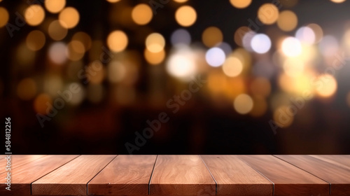 empty wooden table in front of abstract blurred background for product display in a coffee shop, local market or bar. Generative AI