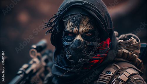 portrait of a special forces person with a skull mask
