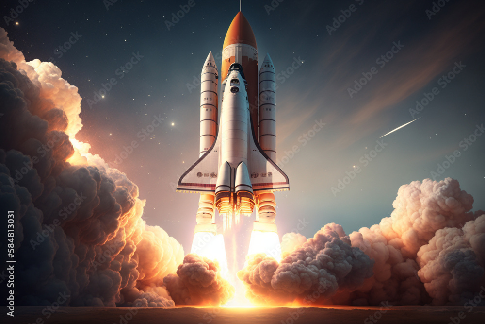 New product or service launch. Technology development process. Space rocket liftoff. 3D rendering.