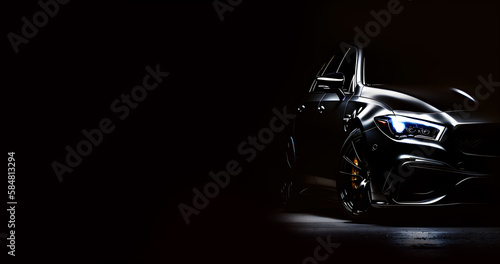 Black generic unbranded luxury sport car on a black background, banner, illustration ai generative