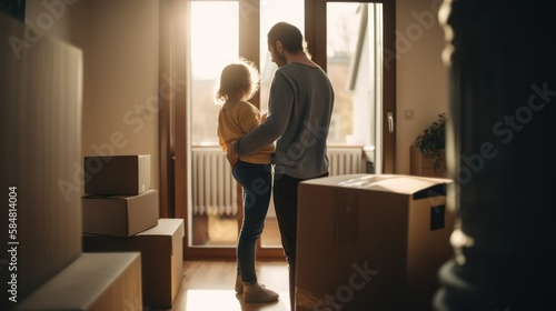 Happy young family bought new house. Mom, Dad, and child smiling happy hold cardboard boxes for move object walking into big modern home. New real estate dwelling, GENERATIVE AI © nishihata