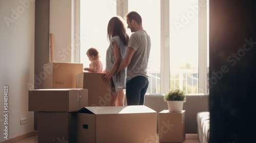 Happy couple family with cardboard boxes sitting on the floor in new home, GENERATIVE AI ©  freeprompt