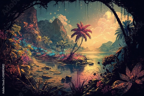 Dreamy vintage dark tropical nature sunset palm jungle rainforest magic background illustration Generative AI