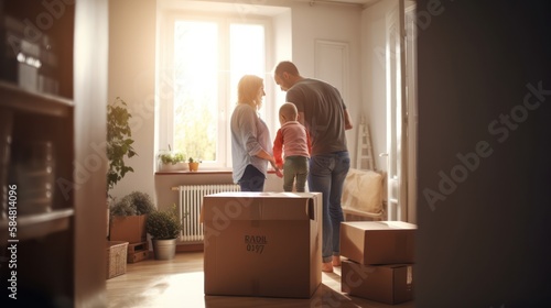 Happy couple family with cardboard boxes sitting on the floor in new home, GENERATIVE AI