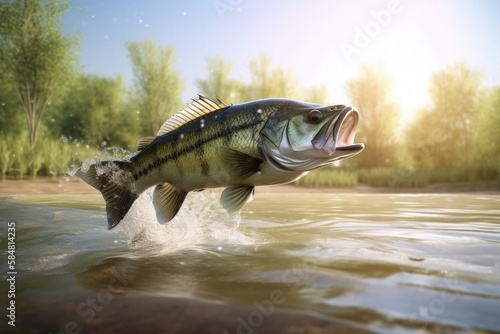 Realistic fish with an open mouth jumps out of the water, fishing on the river wildlife background illustration Generative AI