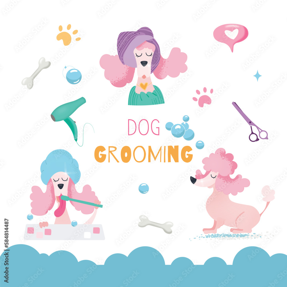 Dog grooming vector illustration for pet care salon. Cliparts of tools for animal hair grooming