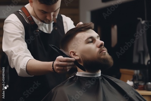 Barber hairdresser doing haircut of beard. Beard grooming. Barber shaving bearded male with a sharp razor. Professional barber styling hair of his client. Generativу AI