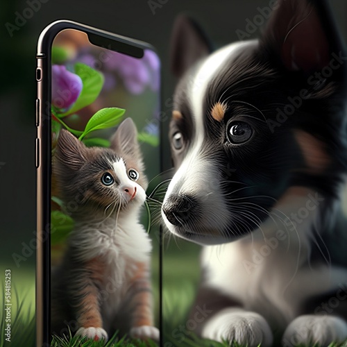 Cat in a phone background, watched by a dog made with Generative AI