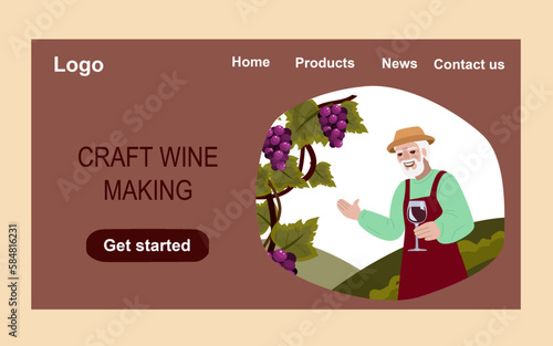 Farmer taking glass of wine and invites to taste his wine on vineyards background. Craft wine making. Vector website landing page design template. Vector illustration