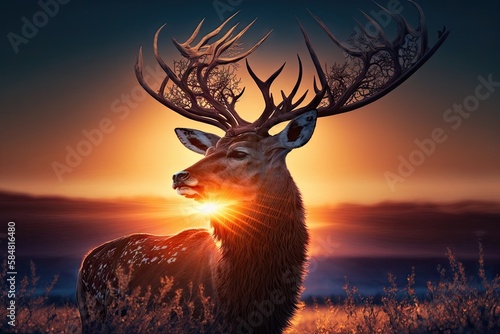 majestic deer with its head raised, eyes fixed on the sun, and antlers in full view, created with generative ai photo