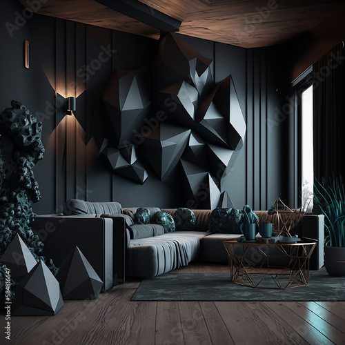 Modern dark house interior. Luxury home and apartment interior design background image. Created with Generative AI.