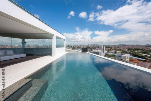 luxury penthouse high-class real estate with a breathtaking skyline view. It features an infinity pool and a terrace with stunning panoramic views - Generative AI © Hanjin