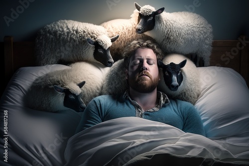 Illustration eines Mannes zum Schafe zählen. Spruch, wenn man nicht einschlafen kann, soll man Schafe zählen.. Generativ KI 