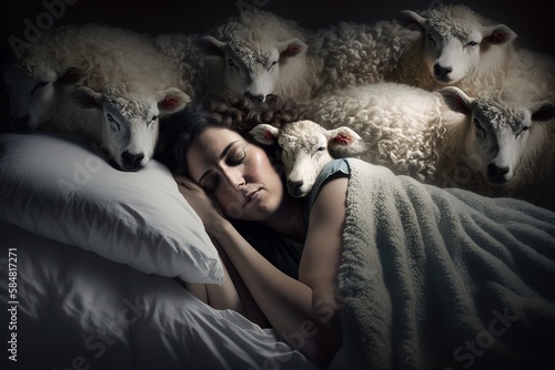 Illustration einer Frau zum Schafe zählen. Spruch, wenn man nicht einschlafen kann, soll man Schafe zählen. Generativ KI  photo