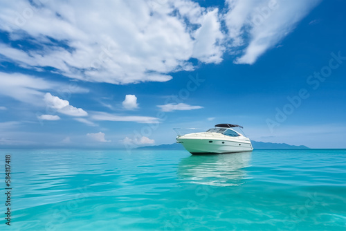 Luxurious motor boat in turquoise ocean water against blue sky with white clouds and tropical island. Tropical beach with turquoise water, summer holidays vacation. generative ai © BlazingDesigns