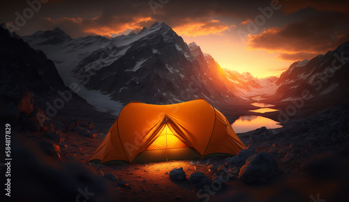 Orange lit inside the tent and a fire over the misty river at sunset. Dramatic sunset. Summer landscape, generative ai