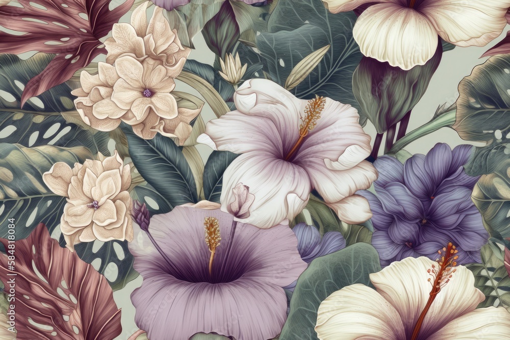 custom made wallpaper toronto digitalSeamless pattern Summer beautiful fantasy vintage wallpaper all tropical botanical flowers bunch,vintage motif for floral print digital background.generative ai.
