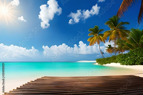 Summer panoramic landscape  nature of tropical beach with wooden platform  sunlight. Golden sand beach  palm trees  sea water against blue sky with white clouds. Copy space  summer vacation concept