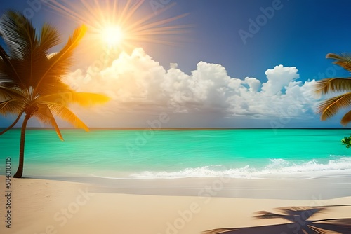 Summer panoramic landscape, nature of tropical beach with wooden platform, sunlight. Golden sand beach, palm trees, sea water against blue sky with white clouds. Copy space, summer vacation concept