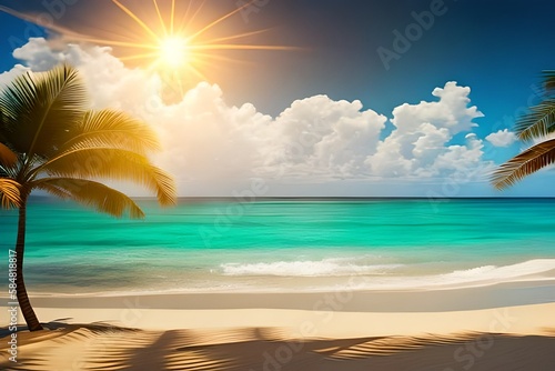 Summer panoramic landscape, nature of tropical beach with wooden platform, sunlight. Golden sand beach, palm trees, sea water against blue sky with white clouds. Copy space, summer vacation concept © DESIGN