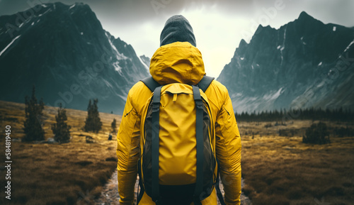 Back view of traveler man tourist in yellow ski jacket with with backpack watching amazing view, standing on road in front of snowy great mountain, generative ai 