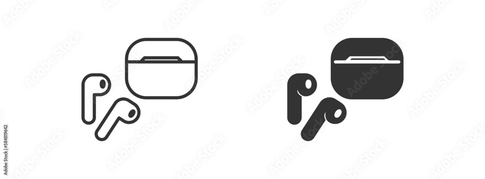 Wireless earphones and charging case, black line and glyph icon. Set buttons for music audio app. Flat vector sing symbol  - obrazy, fototapety, plakaty 