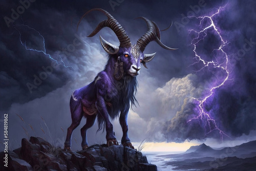 Purple Satanic Monster Goat at Night with Thunder