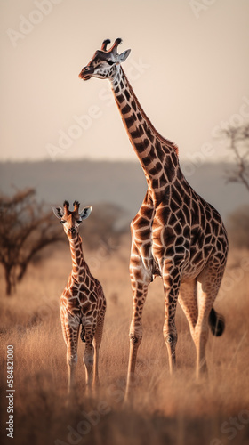 Masai giraffes walking in the dry grass of savanna  generative ai