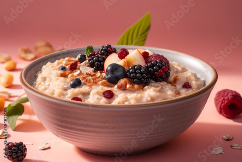 healthy morning cereals with yogurt and oatmeal and berries, created with generative ai photo