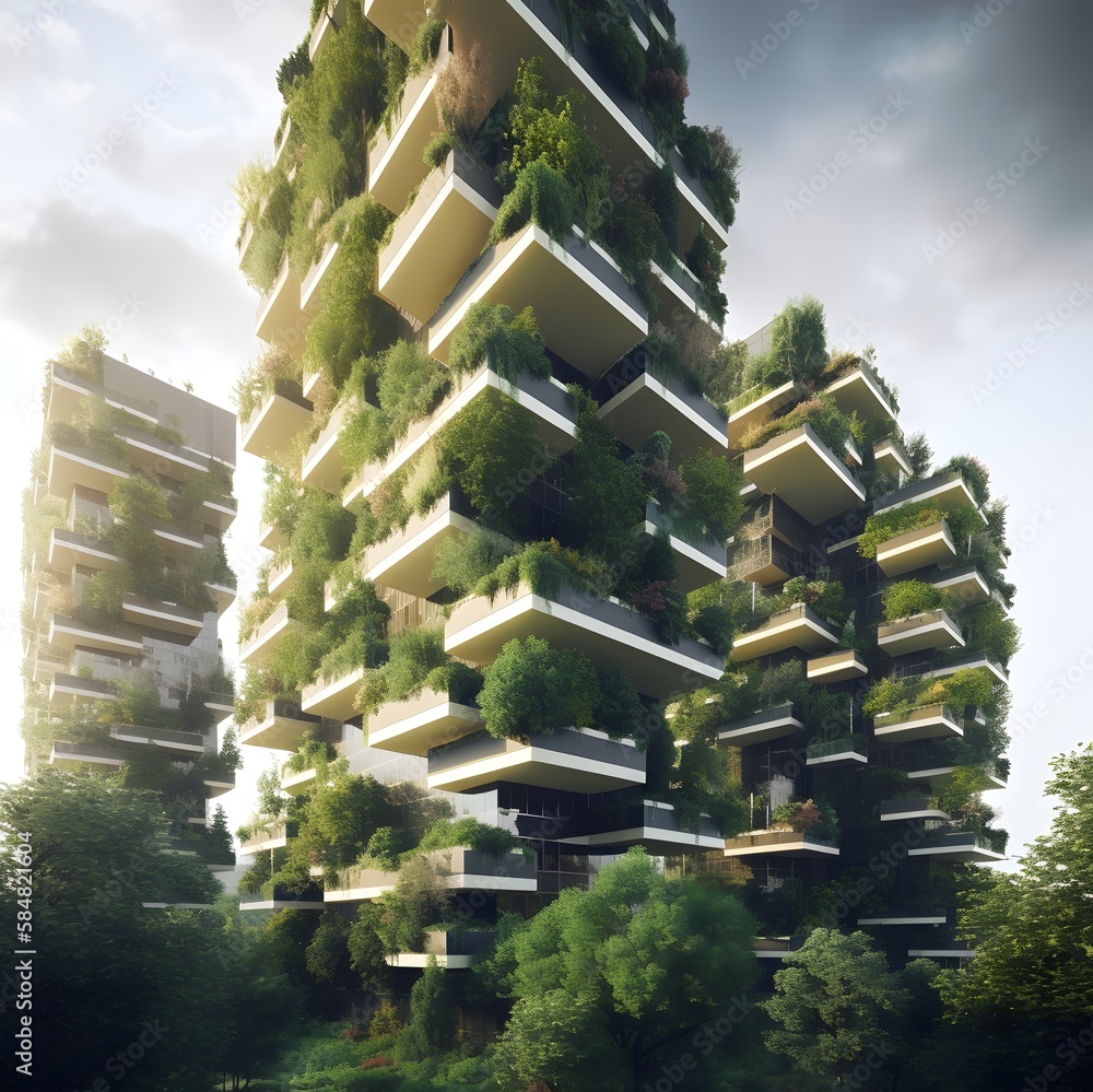 Wall of high-rise building covered with plants, reflection of sunlight in one of the windows created with Generative AI technology.